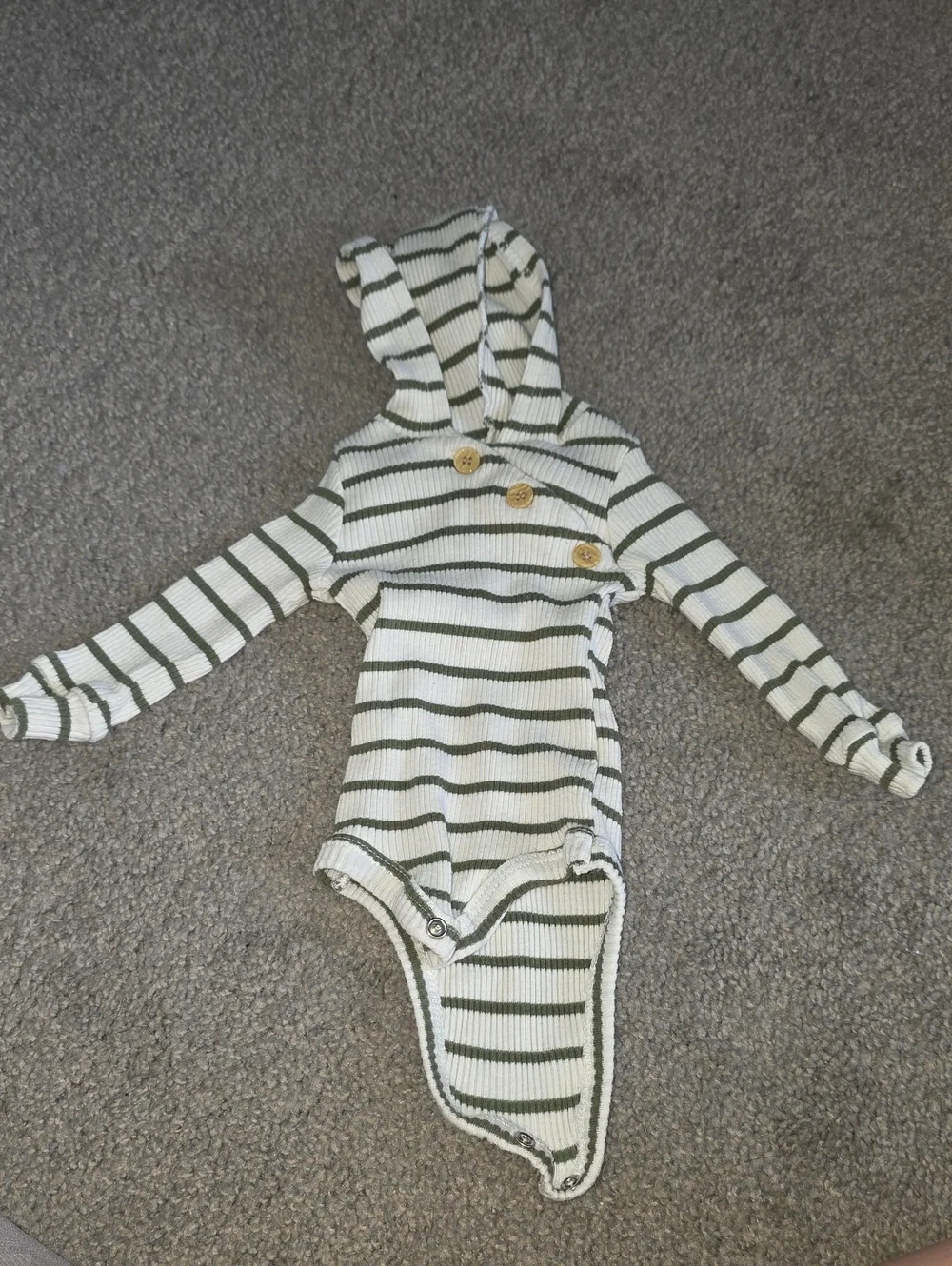 Rachel Zoe Hooded Ribbed Striped Bodysuit in Olive and White